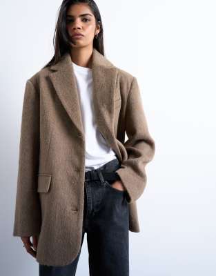 Topshop Brushed Three Button Blazer Coat In Brown