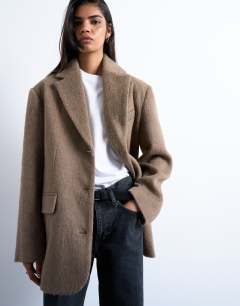 Brushed three button blazer coat in camel