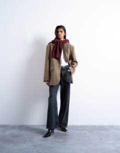 Model wearing Brushed three button blazer coat in camel