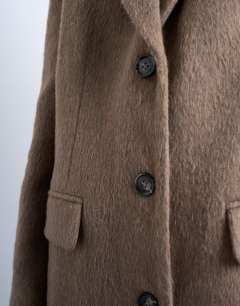 Model wearing Brushed three button blazer coat in camel