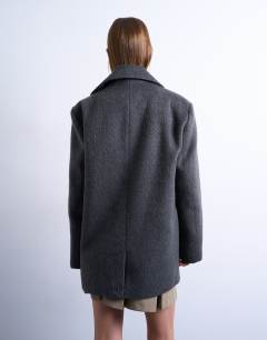 Model wearing Brushed three button blazer coat in charcoal