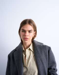 Model wearing Brushed three button blazer coat in charcoal