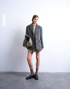 Model wearing Brushed three button blazer coat in charcoal
