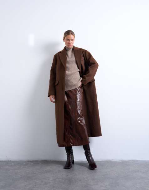 Topshop brushed three button longline blazer coat in chocolate - view 1