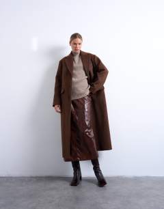 Brushed three button longline blazer coat in chocolate