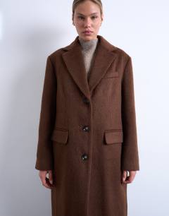 Model wearing Brushed three button longline blazer coat in chocolate