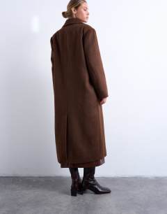 Model wearing Brushed three button longline blazer coat in chocolate