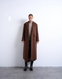 Model wearing Brushed three button longline blazer coat in chocolate