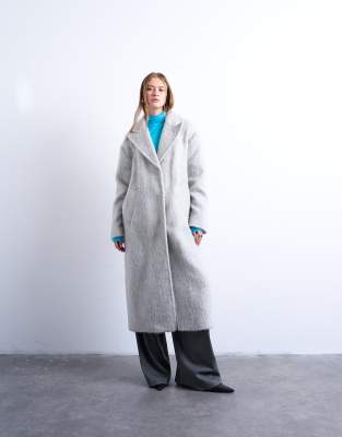 Topshop Brushed Unlined Drop Shoulder Clean Throw-on Coat With Wool In Gray