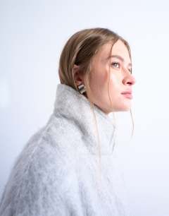 Model wearing Brushed unlined dropped shoulder clean chuck on coat with wool in grey marl
