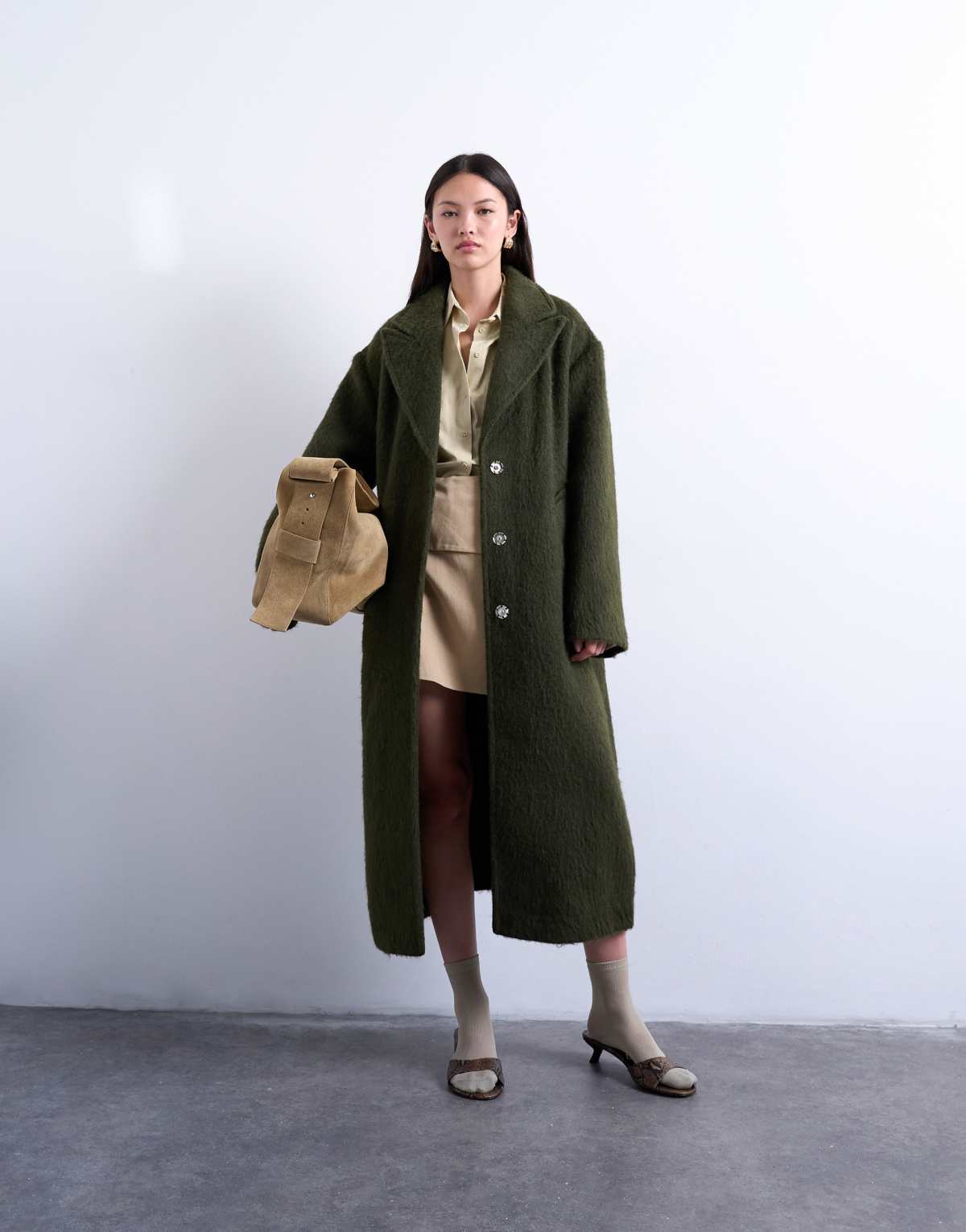 Topshop brushed unlined dropped shoulder clean chuck on coat with wool in khaki