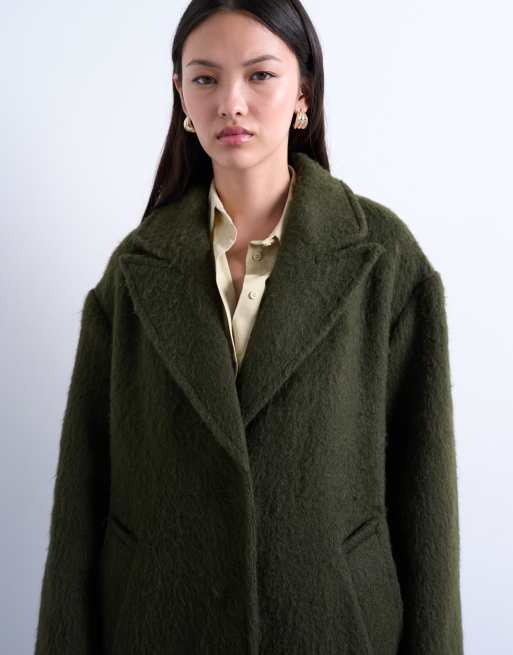 Topshop brushed unlined dropped shoulder clean chuck on coat with wool in khaki, 2 of 4