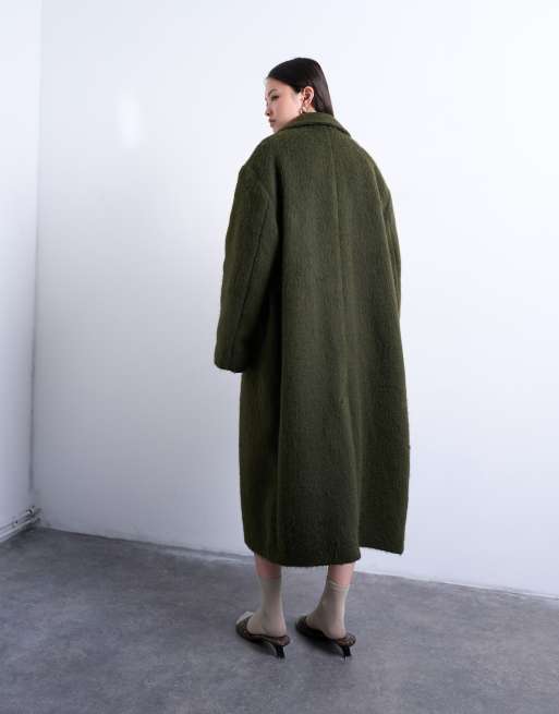 Topshop brushed unlined dropped shoulder clean chuck on coat with wool in khaki, 3 of 4