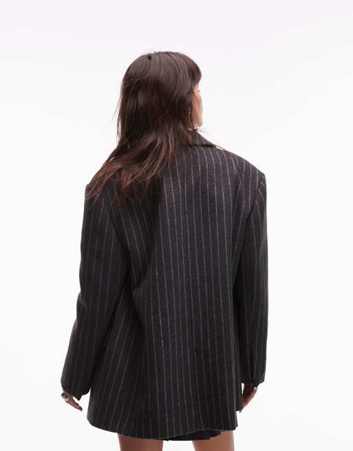 Topshop brushed wool pinstripe blazer coat in charcoal