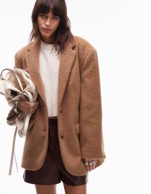 brushed wool mix blazer coat in toasted coconut-Neutral