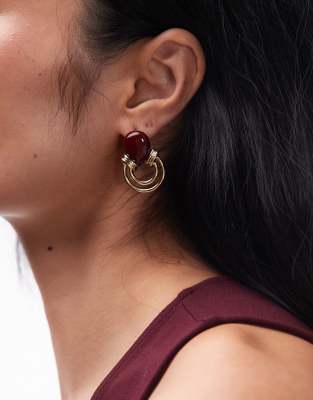 Topshop - Bryony - Boucles d'oreilles style heurtoir avec pierre - Doré et bordeaux  - view 1