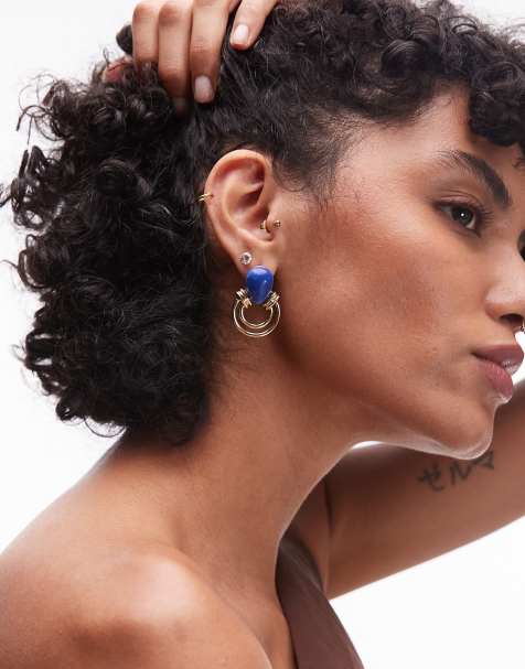 Topshop Bryony door knocker stud earrings with stone in gold and blue - view 1