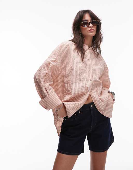 Topshop – Brzoskwiniowo-brązowa fakturowana koszula z marszczonego materiału w paski
