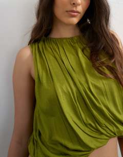 Model wearing Bubble drape top in green