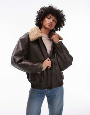 bubble faux leather jacket in brown and cream-Black