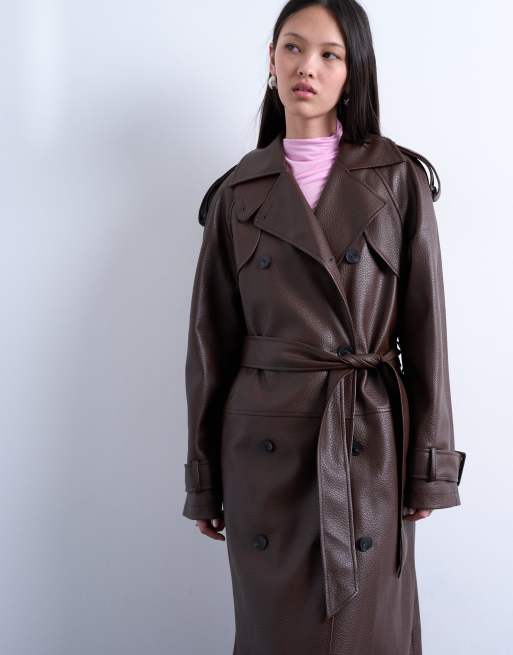 Topshop bubble faux leather trench coat in brown, 2 of 4