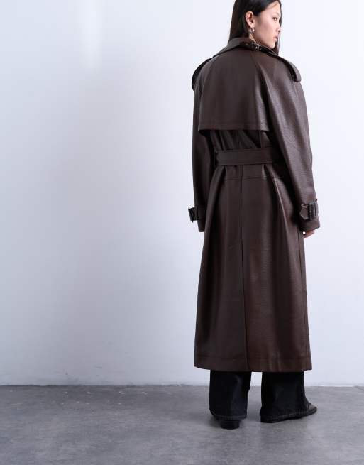 Topshop bubble faux leather trench coat in brown, 4 of 4