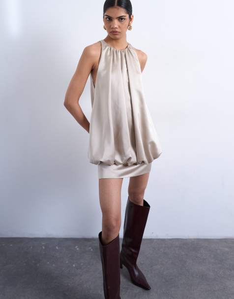 Topshop bubble hem mini dress in oyster satin twill