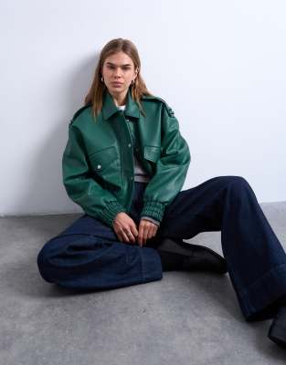 Topshop Bubble Pu 80s Bomber Jacket In Green