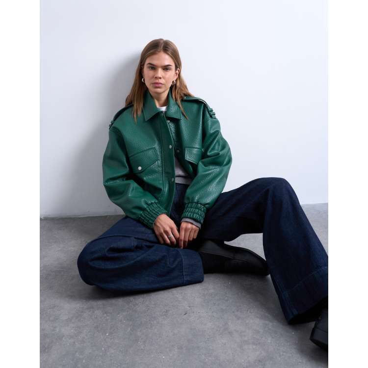 Topshop bubble PU 80s bomber jacket in dark green | ASOS