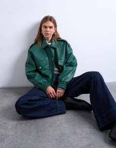 Bubble PU 80s bomber jacket in dark green