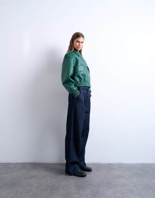 Topshop Bubble Pu 80s Bomber Jacket In Green