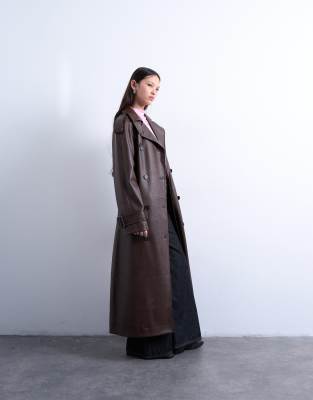Topshop Bubble Pu Faux Leather Trench Coat In Brown
