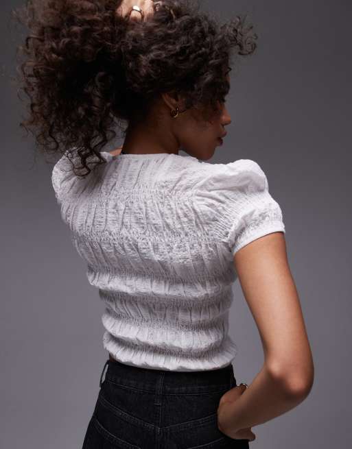 Topshop bubble texture shirred top in white | ASOS