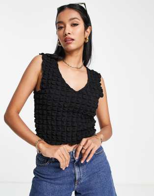 Topshop bubble textured v neck top in black | ASOS