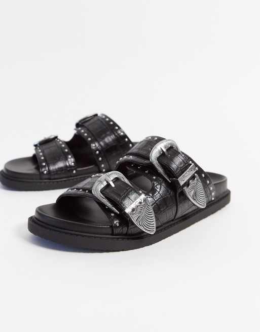 Topshop buckled sliders in black ASOS