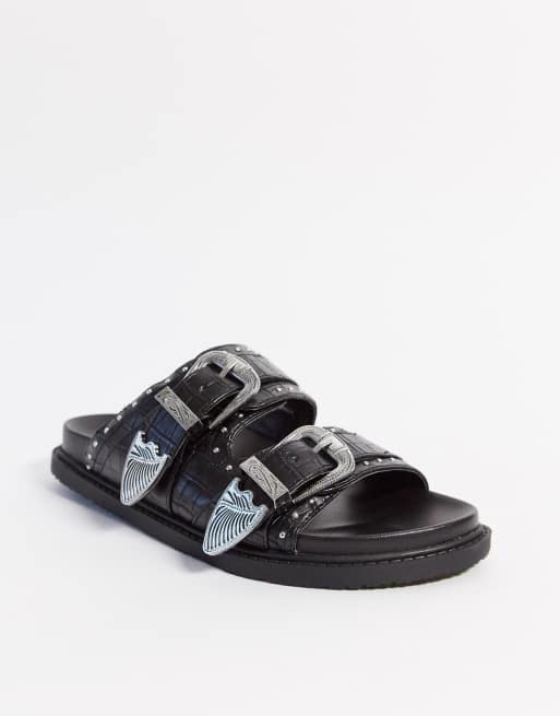 Topshop buckled sliders in black ASOS