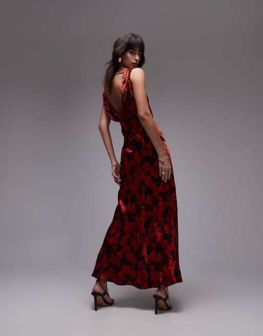 Topshop built up cowl neck maxi dress in small red rose