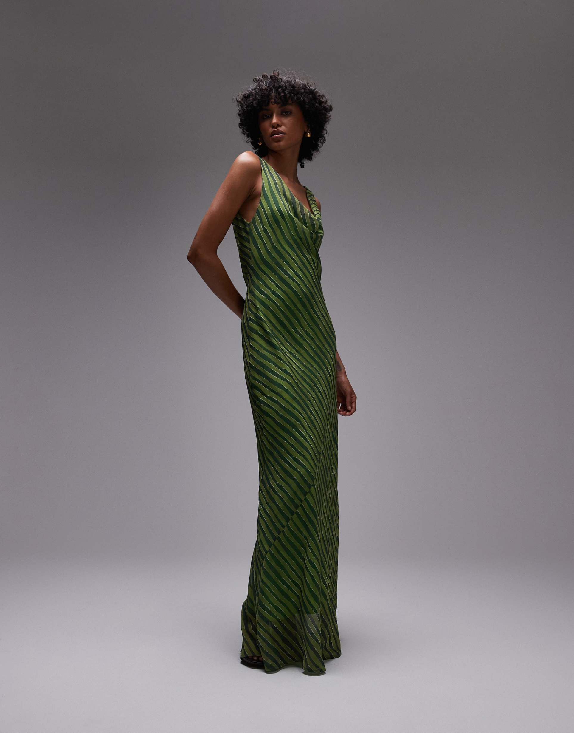 topshop built up double layered cowl neck maxi dress in green print