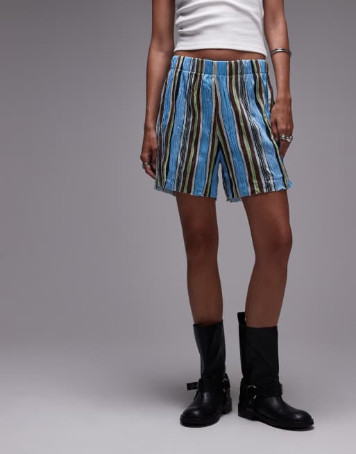 Topshop – Bunt gestreifte Shorts mit Knitterstruktur und weitem Bein, 5 von 5