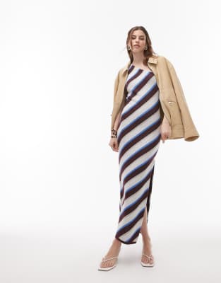 Topshop - Bunt gestreiftes Maxi-Strickkleid mit One-Shoulder-Träger