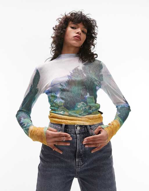 Topshop – Buntes, langärmliges Oberteil mit lizenziertem „National Gallery Van Gogh“-Gemäldeprint