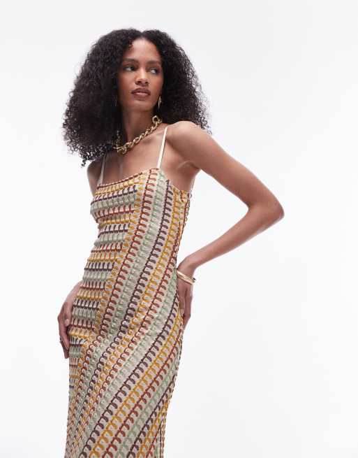 Topshop – Buntes Midikleid in Häkeloptik mit Trägern und eckigem Ausschnitt, 2 von 4