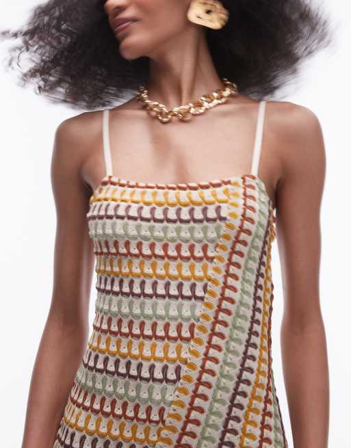 Topshop – Buntes Midikleid in Häkeloptik mit Trägern und eckigem Ausschnitt, 3 von 4