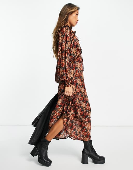 Topshop – Buntes Midikleid mit herbstlichem Blumenmuster und Bindedetail vorne, 4 von 4