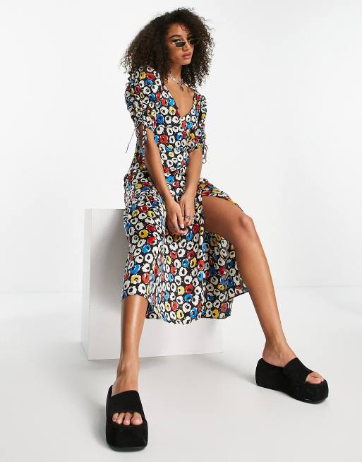 Topshop Buntes Midikleid Mit Schößchen Und Retro Blumenmuster In Primärfarben Asos