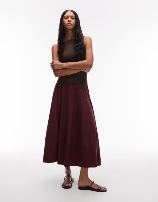 Topshop – Burgundowa spódnica maxi z obniżoną talią, z łączonych elementów