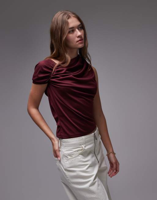 Topshop – Burgundowy top na jedno ramię, z marszczeniem