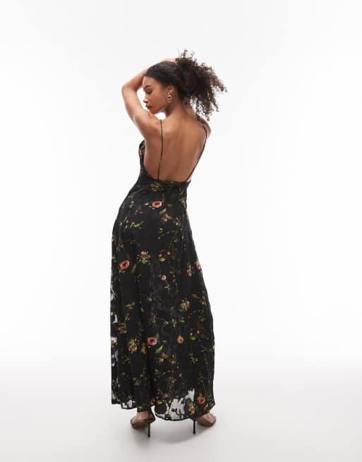 Topshop burnout out floral maxi halter dress in black, 2 of 4