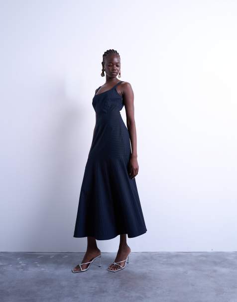 Topshop bust detail dropped hem midi dress in navy and red pinstripe - view 1