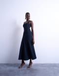 [Topshop] Topshop bust detail dropped hem midi dress in navy and red pinstripe 14 NAVY